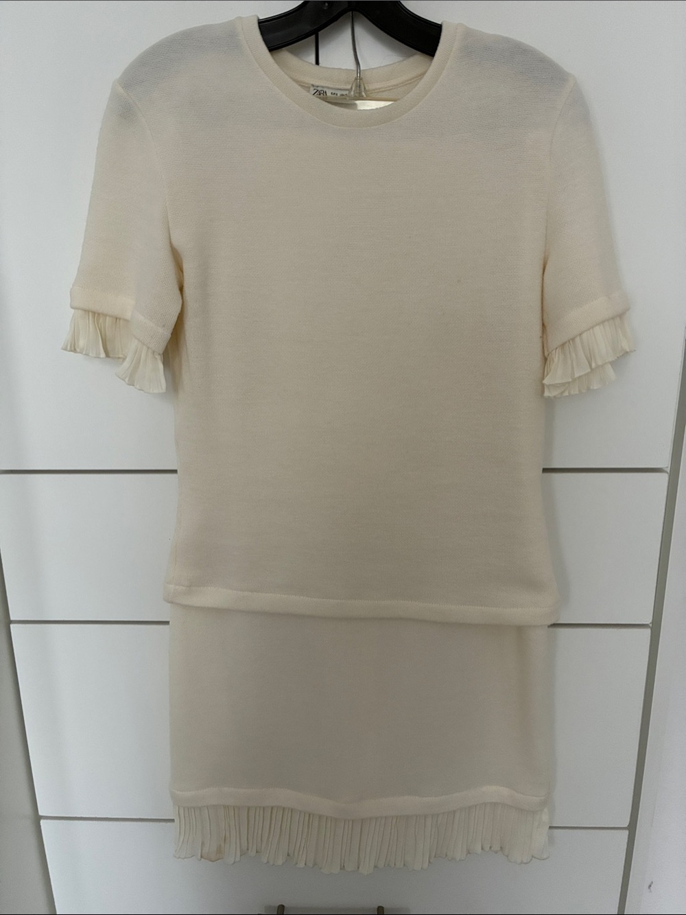 Zara Cream Short Sleeve Pleated Trim Top and skirt